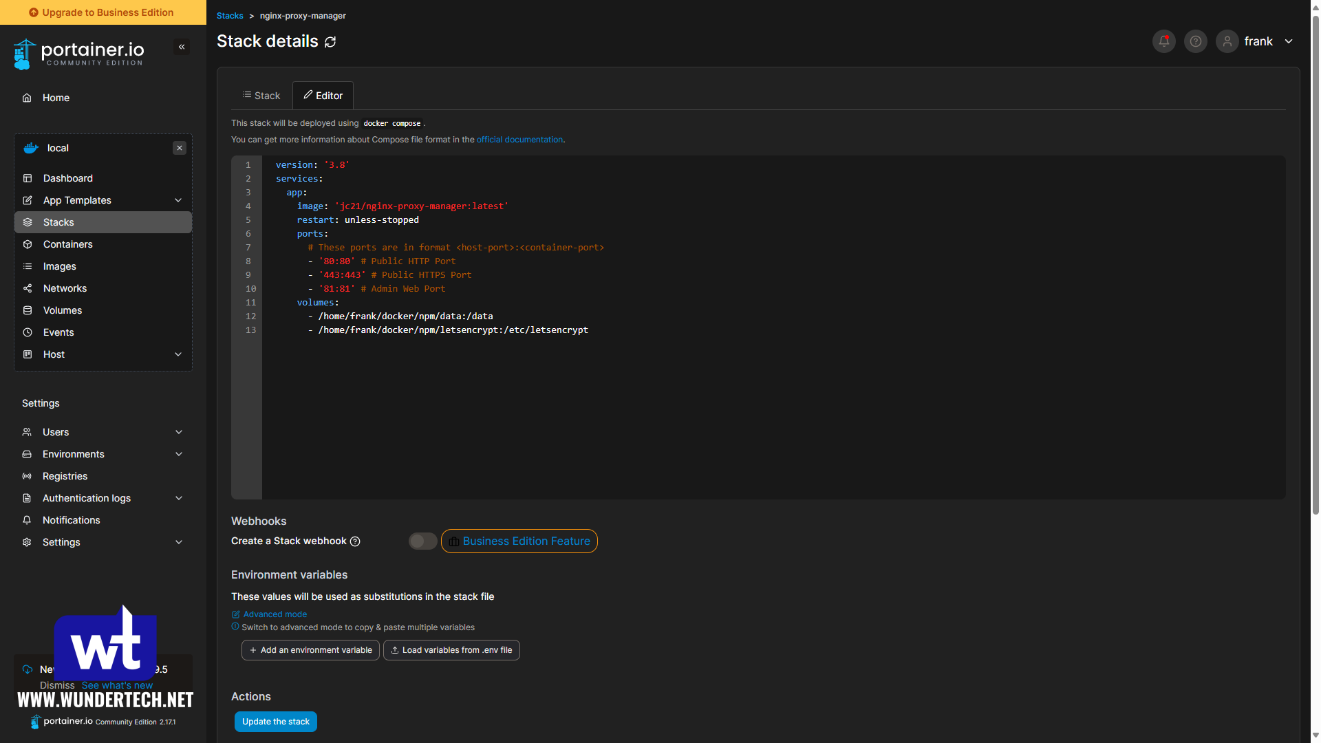 portainer configuration with default nginx proxy manager docker compose file.