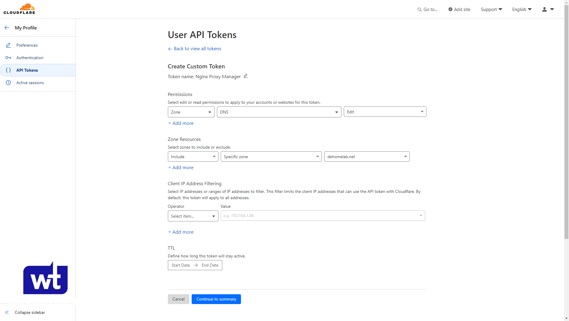 getting an API token from cloudflare.