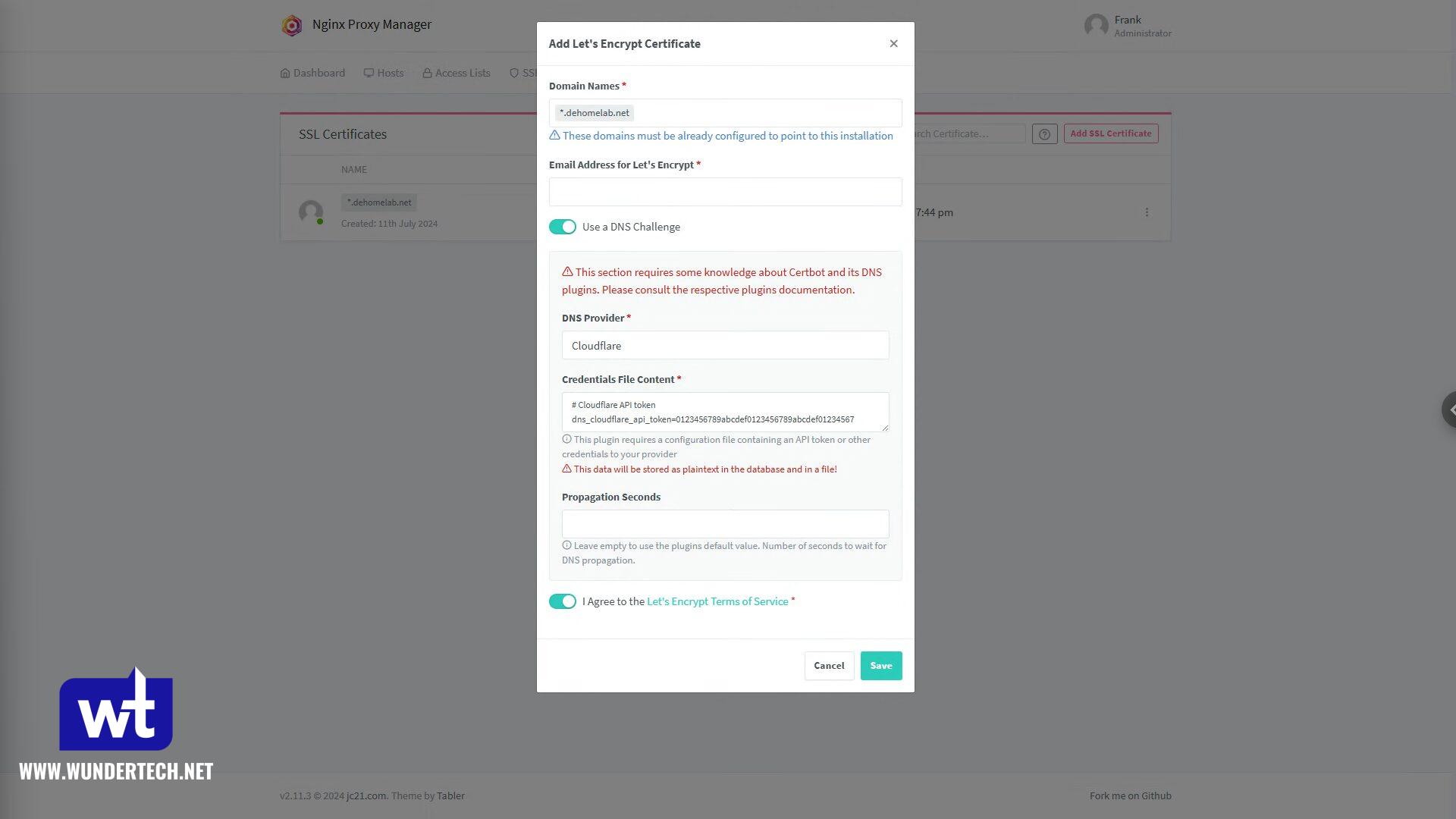 obtaining a wildcard certificate through nginx prosy manager.