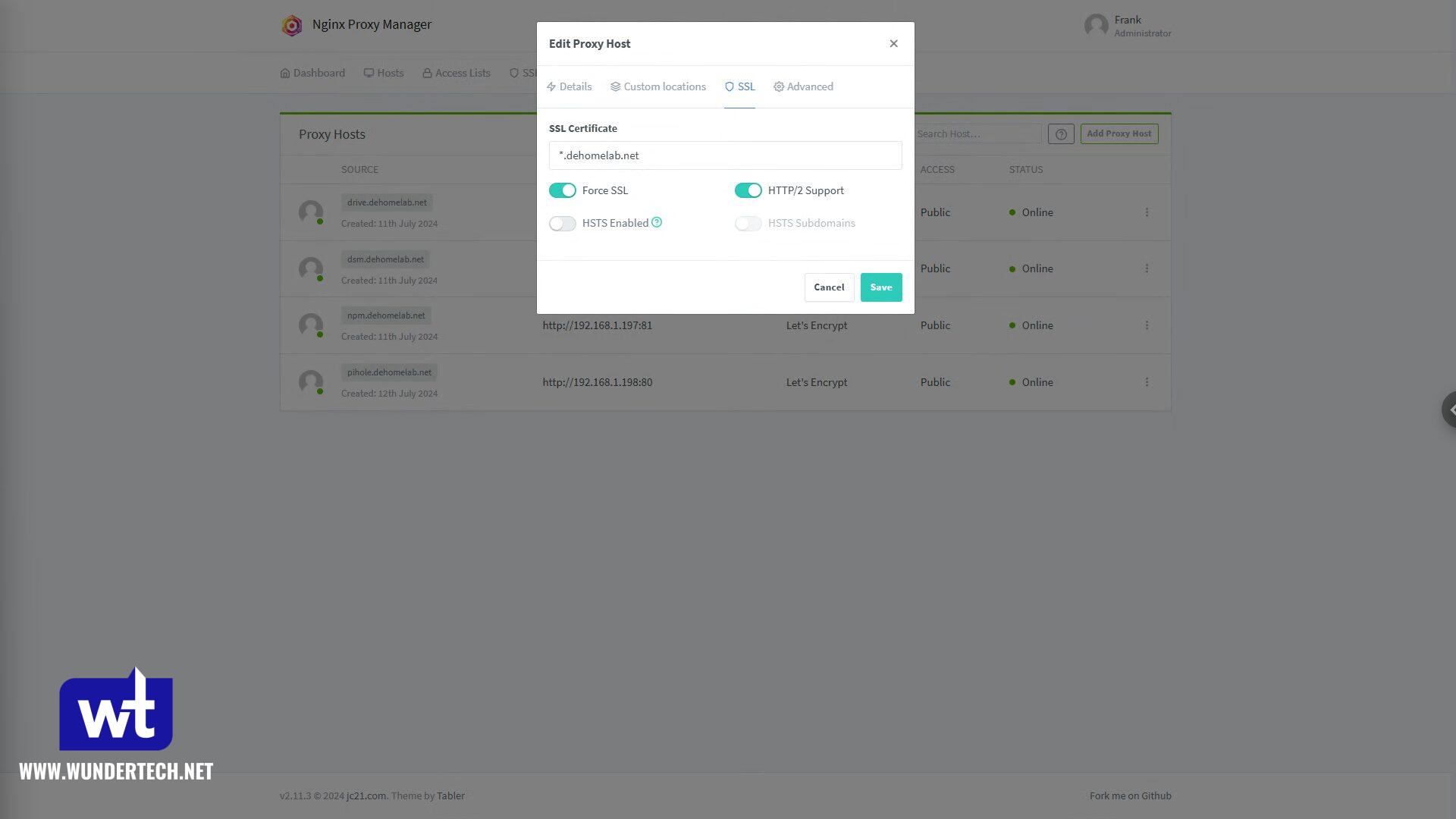 adding the ssl certificate to a proxy host.